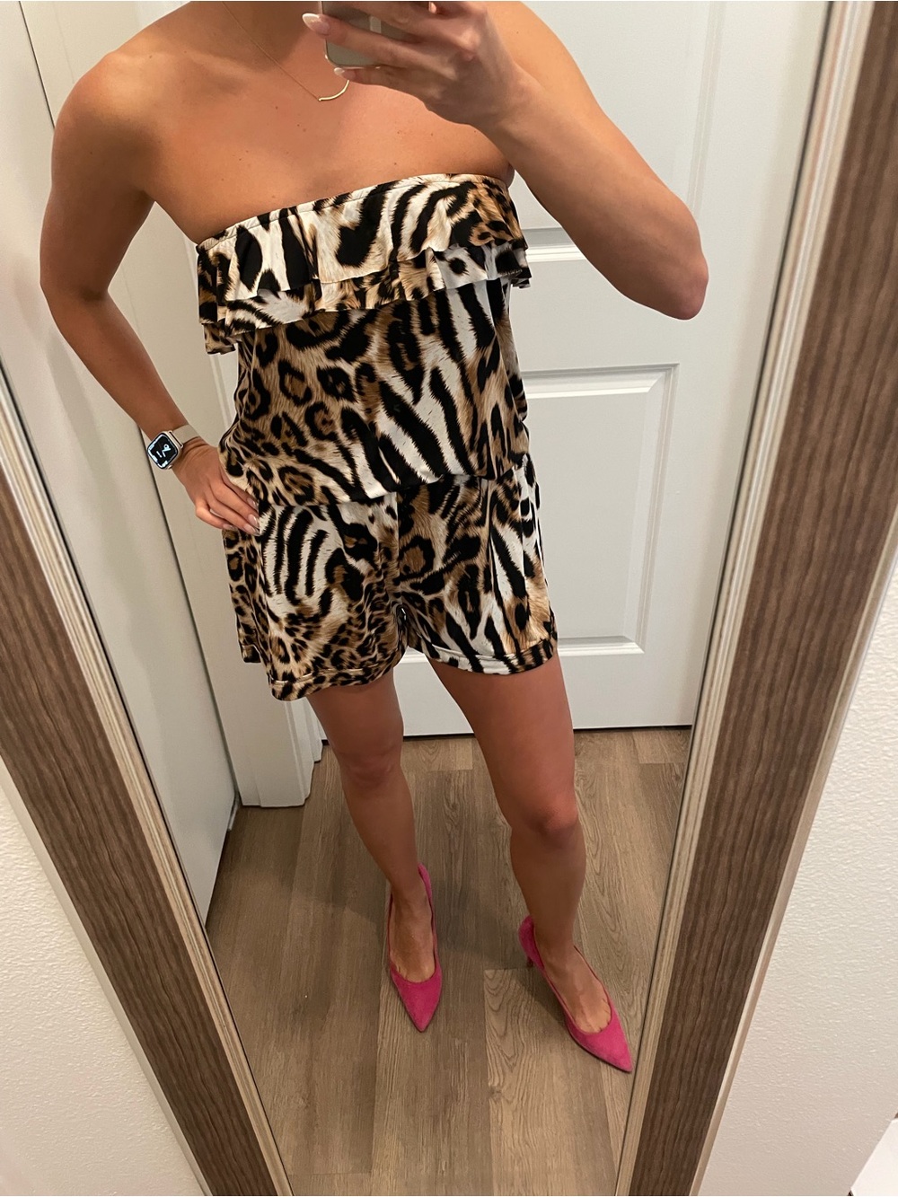 Strapless Leopard-Print Romper in Brown